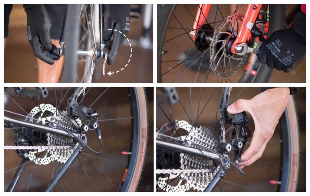 Before removing your mountain bike tire change the derailleur to the outermost gear so that the chain is over the smallest cog.