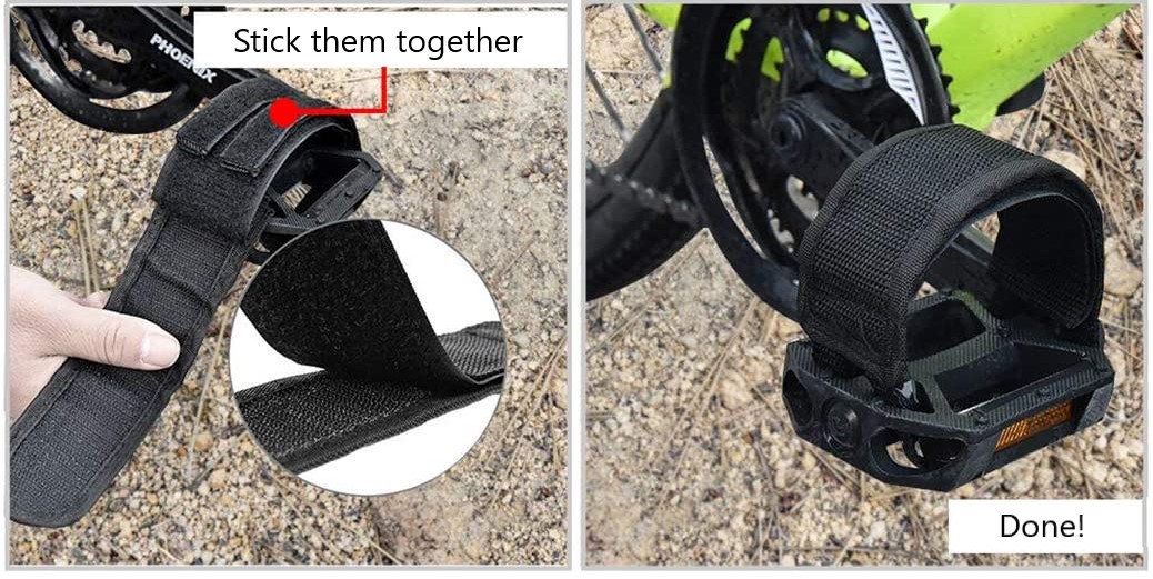 The last step of installing your mountain bike pedal straps is to cover the whole system with the very top part of the strap which essentially sandwiches the bottom straps. 