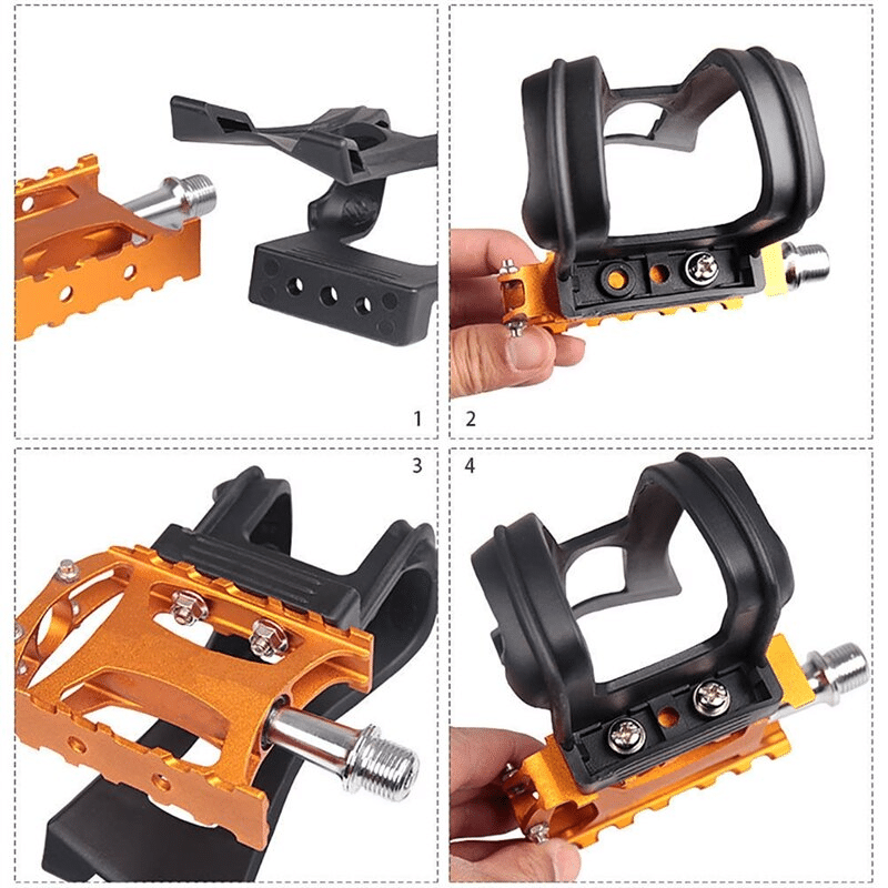 Mountain bike toe clips are attached to the front of the pedals and are also strapped to the pedals. 