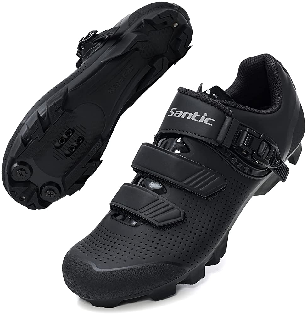 Choose mountain bike shoes like these that would be compatible with mountain bike clipless pedals rather than toe clips.
