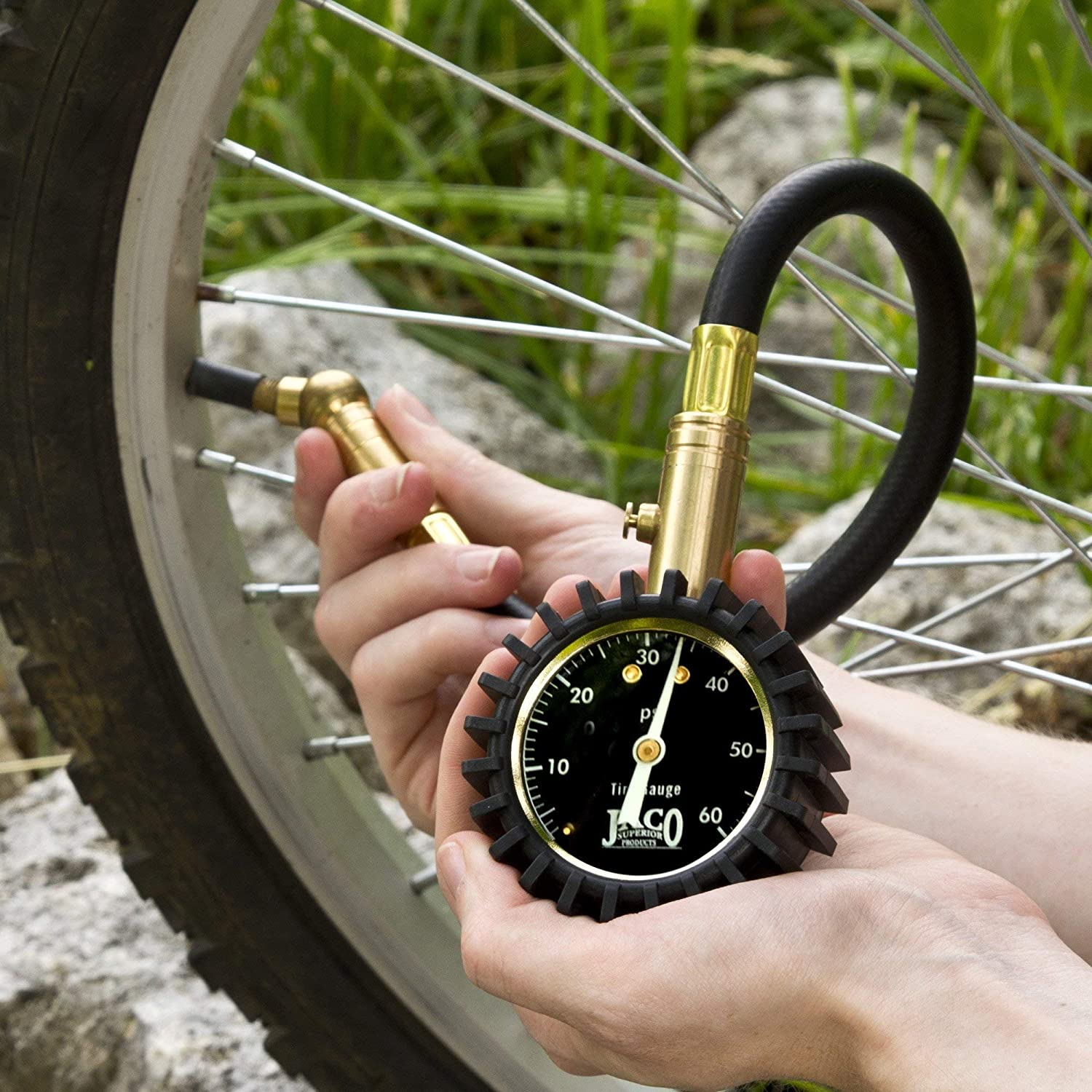 It is a great idea to add a pressure gauge to your mountain bike tool bag so that you can monitor the pressure of your tires. 
