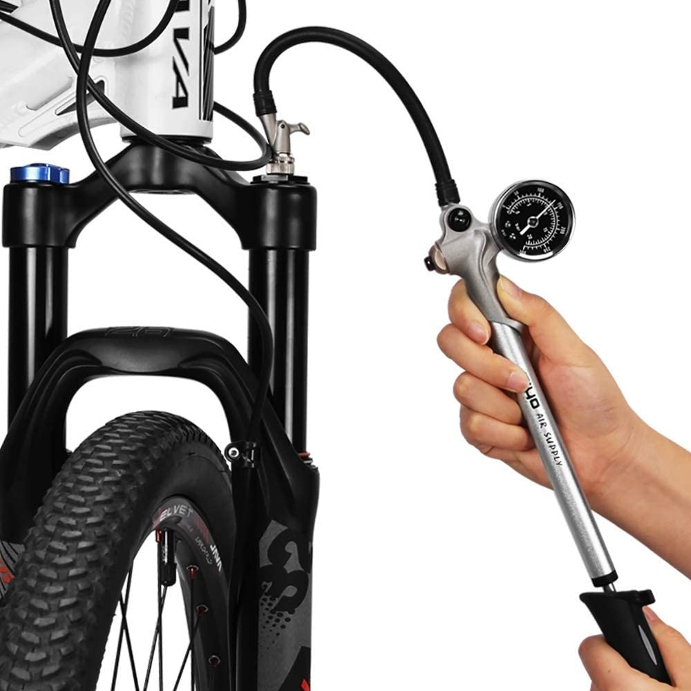 Mountain bike tires can easily be filed with a shock pump while you are out riding on a trail. 