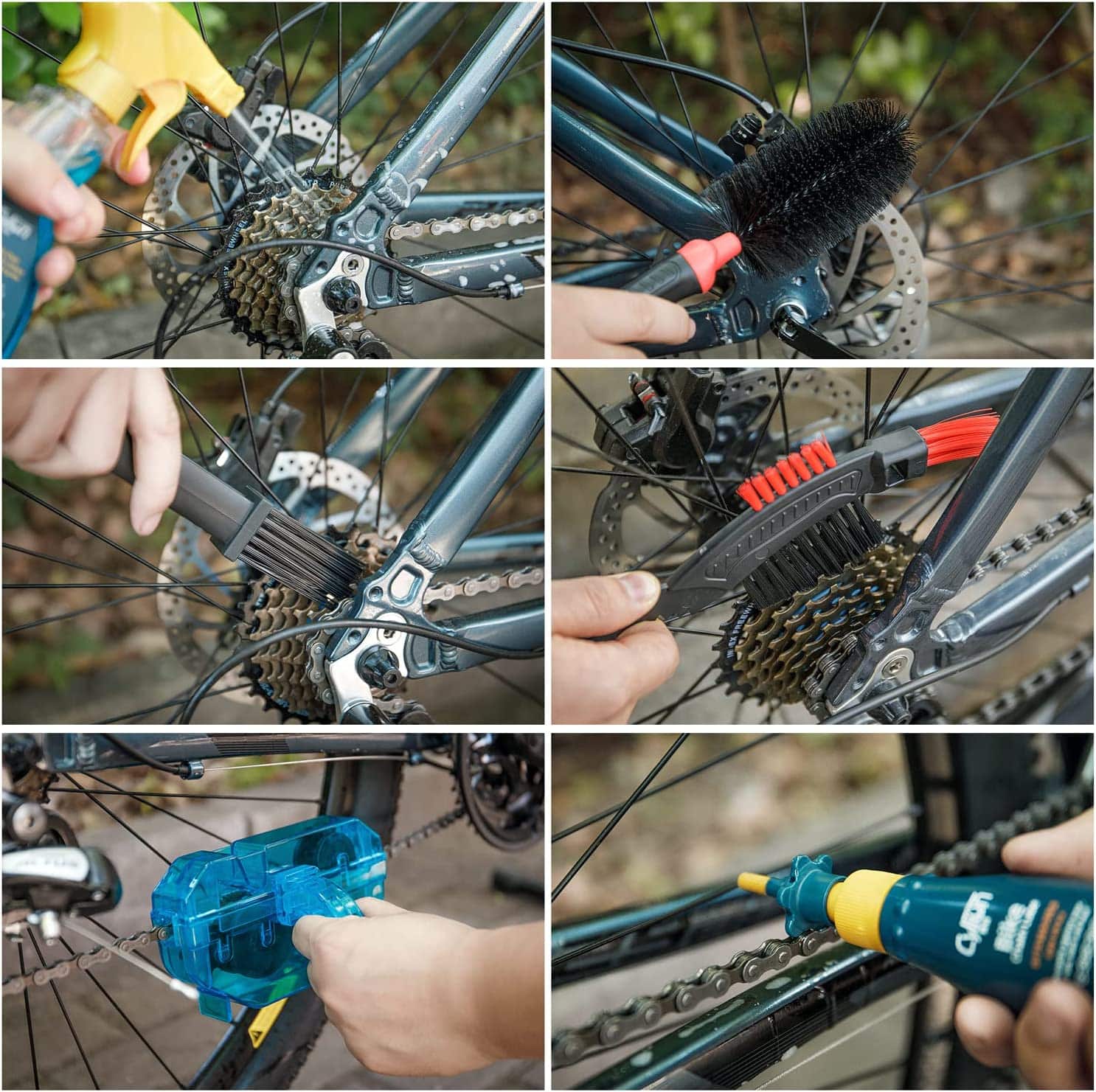 Before starting with the installation of your new mountain bike chain clean the drivetrain properly with a cleaning kit.