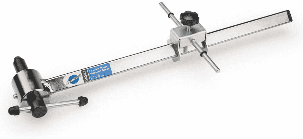 If your mountain bike chain is jumping gears because of a bent hanger, you can fix it using a derailleur alignment tool like this.