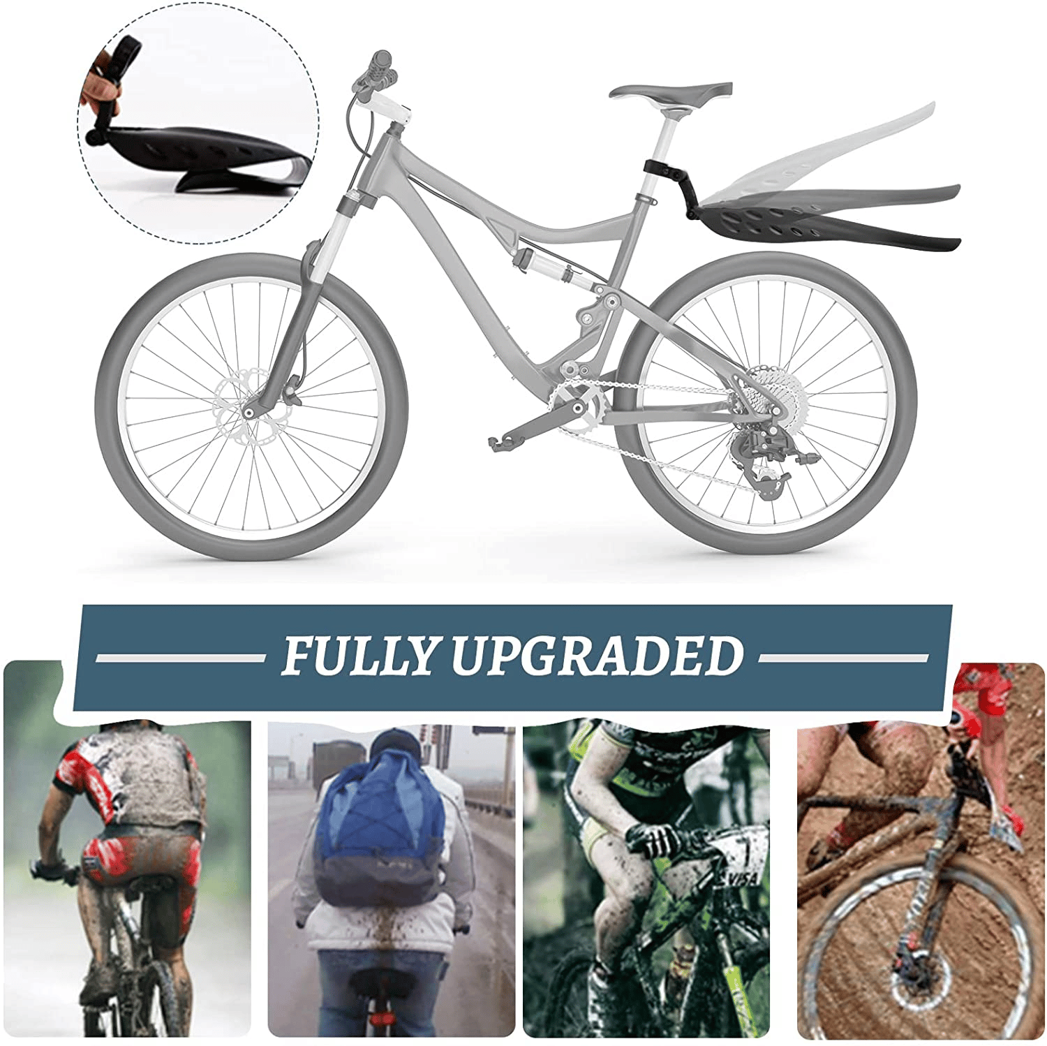 You need to use mountain bike mudguards if you don’t want to get covered in mud when riding on muddy trails.