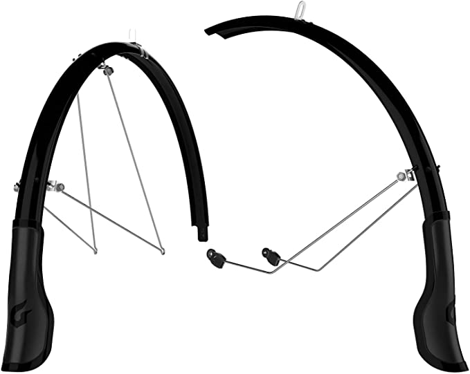 Mountain bike fenders include five parts that all help to provide protection and secure the fender to the bike.