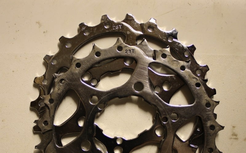 Make sure that you don’t try to fix a mountain bike chain without checking the cassette for wear as well, as a new or repaired chain won’t work on a cassette that is worn like this one is.