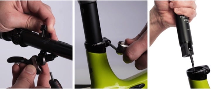 To repair a broken dropper post cable clamp, remove the seat post from the seat tube of your mountain bike.