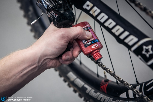 After cleaning the drivetrain lubricate the chain and the metal parts that are in contact with each other.