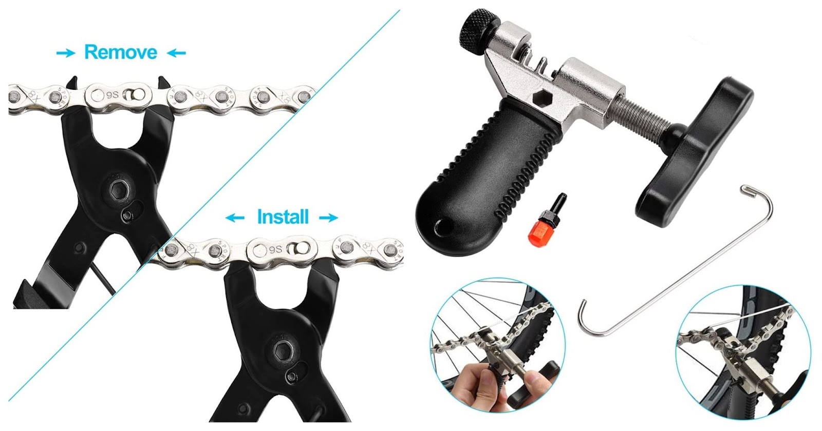 A chain tool is used to split a mountain bike chain and to reattach it.