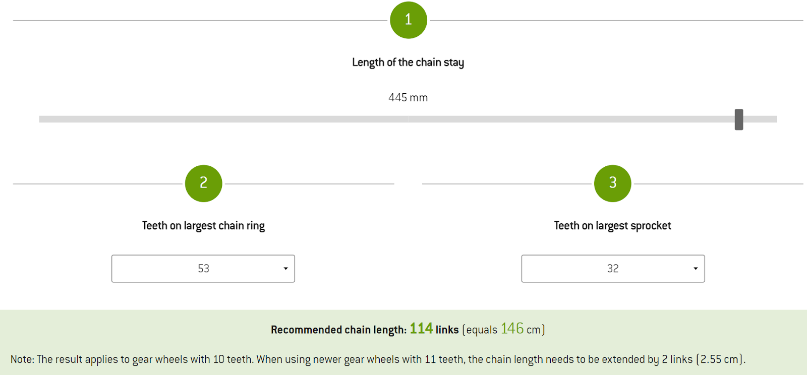  As long as your figures are accurate, using the Berg Freunde calculator will help you to calculate the exact length of your mountain bike chain.