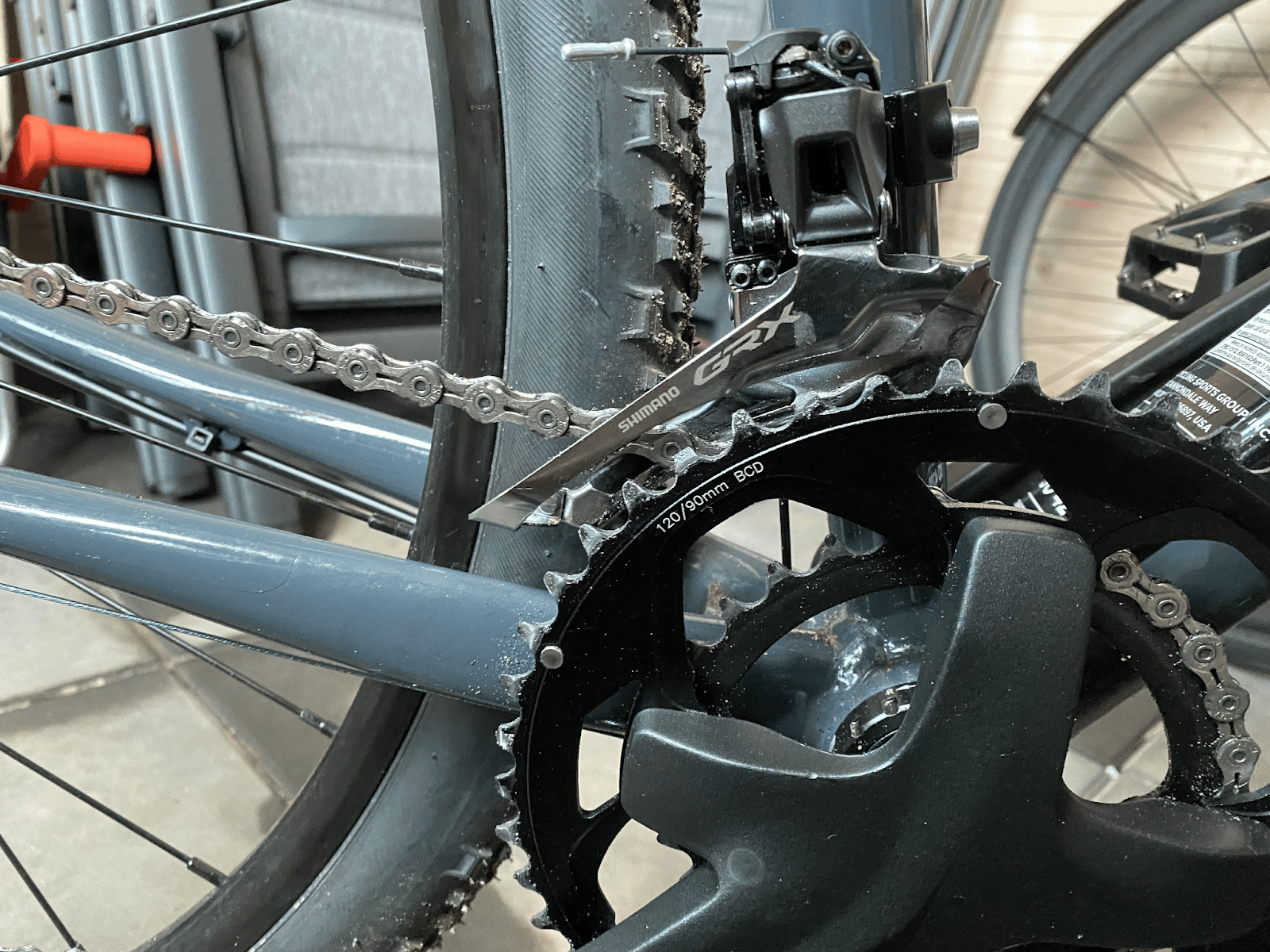 A mountain bike chain left to keep rubbing against the front derailleur will eventually become damaged and break.