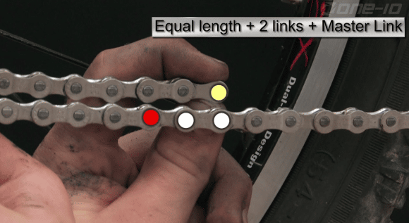 When sizing your new mountain bike chain overlap the ends and cut it leaving extra links like this.