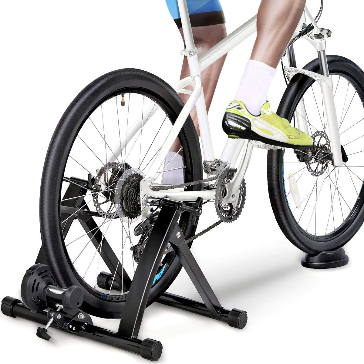 You can rest your mountain bike on a stationary trainer to set your ideal saddle position.