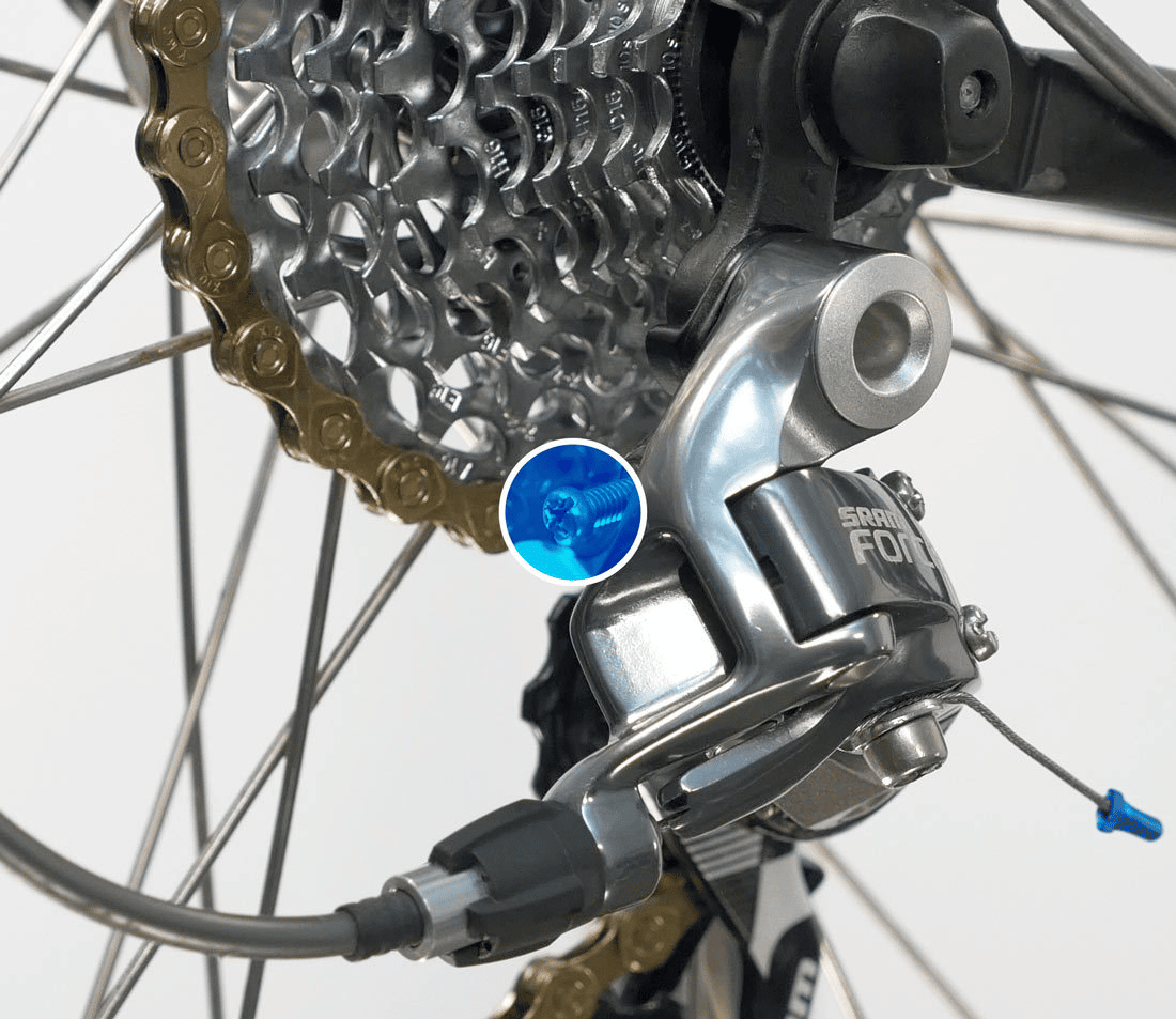 Loosen the tension of the mountain bike chain links by locating the B-screw on the derailleur and loosening it in an anti-clockwise direction.